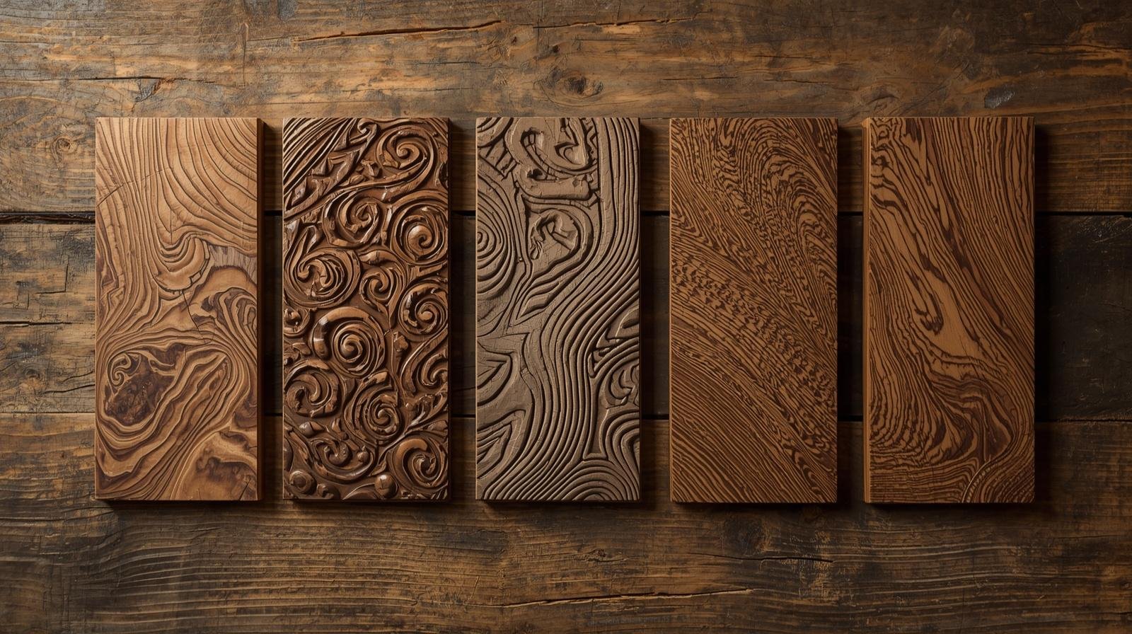 5 Embossed Veneers lying on wodden table